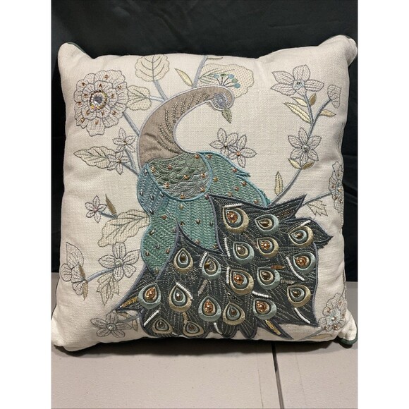 Pier 1 Peacock Throw Pillow Sequined Beaded French Country Paonne 16 Inch Sq HTF - Picture 1 of 7